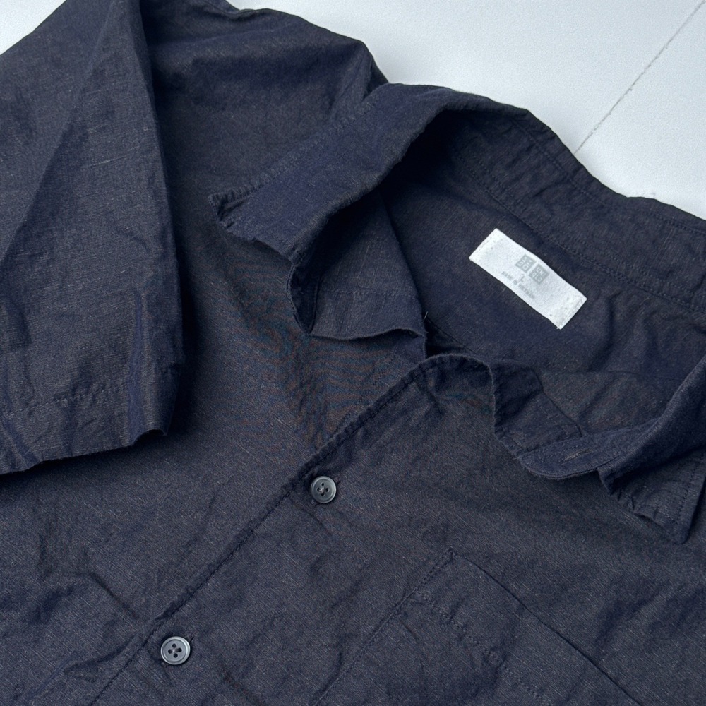 Uniqlo Mens Linen Cotton Short Sleeve Button Up Shirt Navy Blue Large 414574
